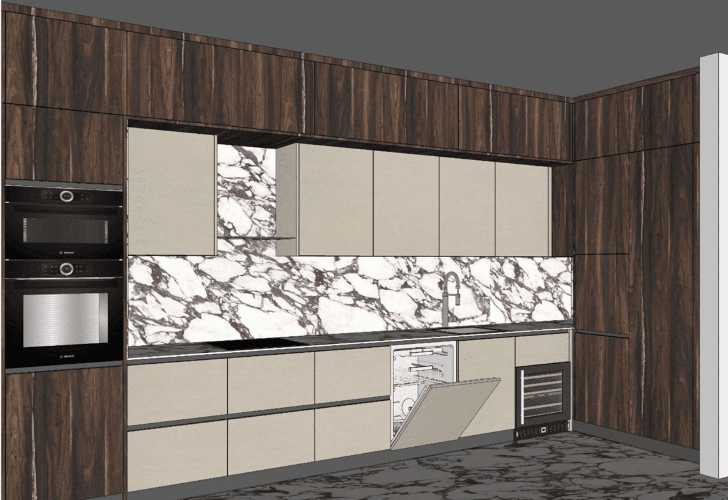 Residential kitchen interior design with marble and walnut in JBR, Dubai