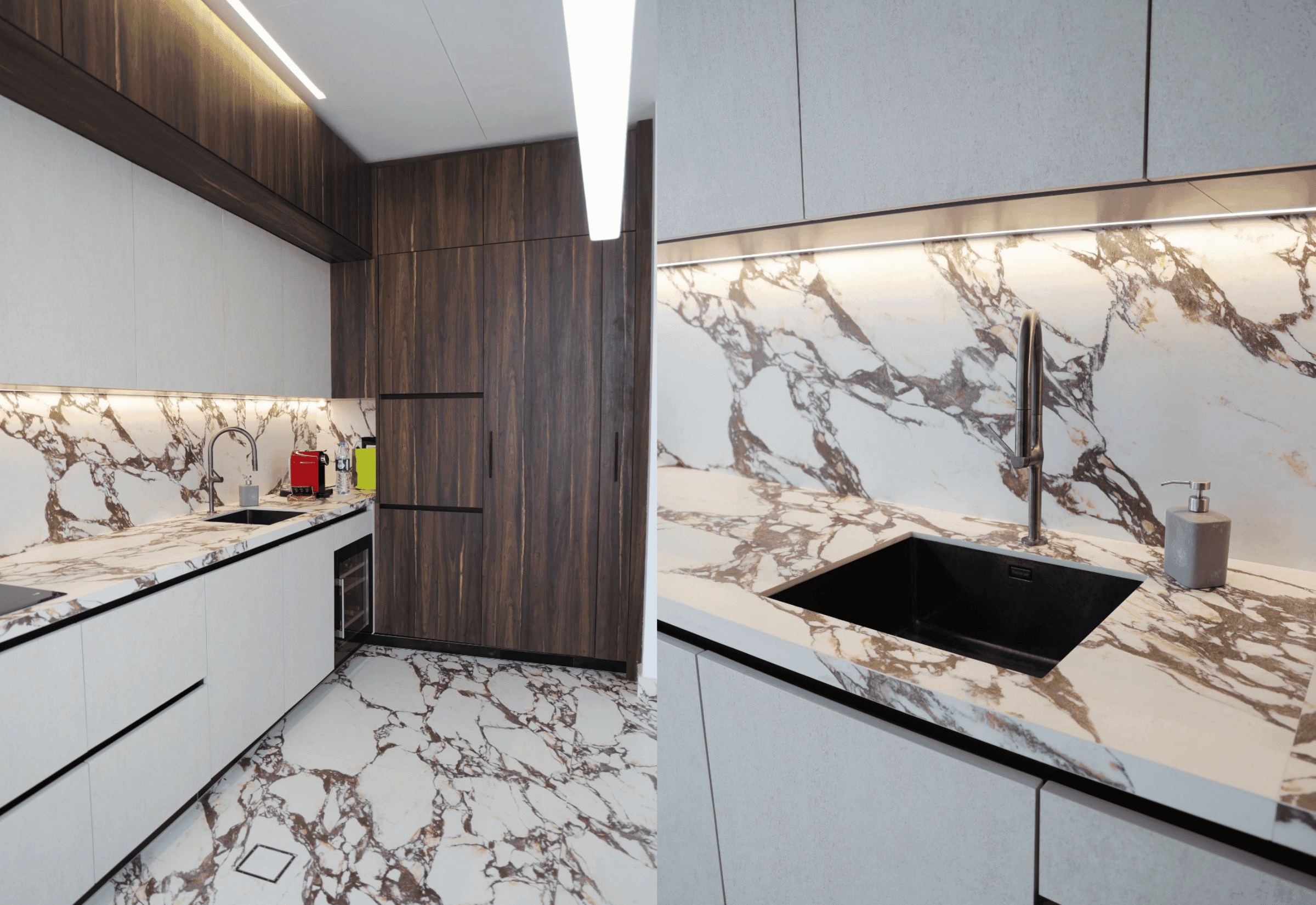 Finished kitchen — marble backsplash detail