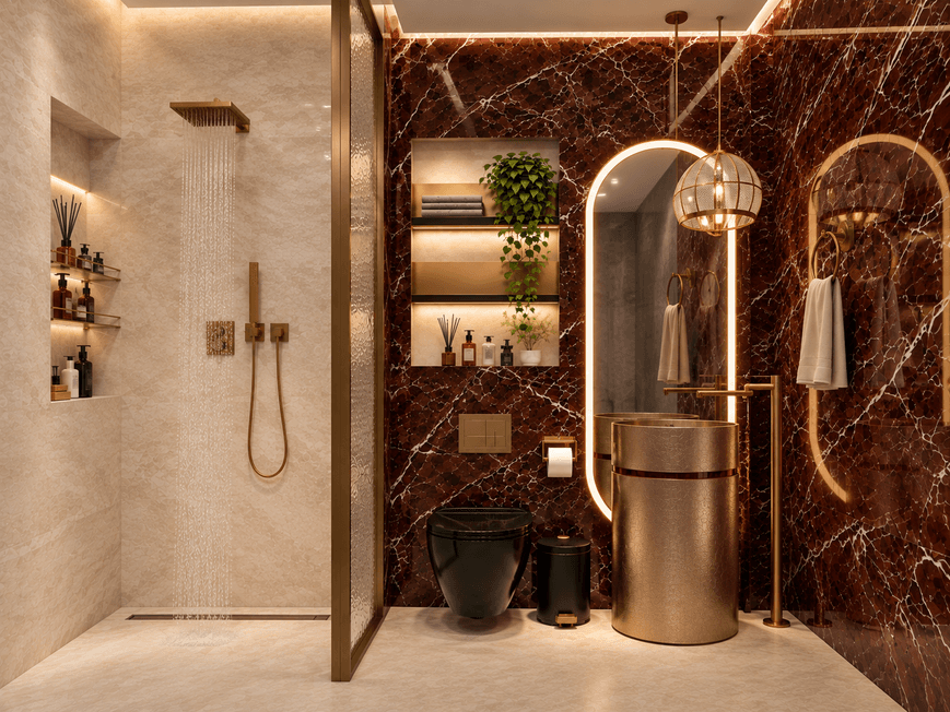 Peninsula II · Burgundy Marble — interior design by Hala Hussien, Dubai