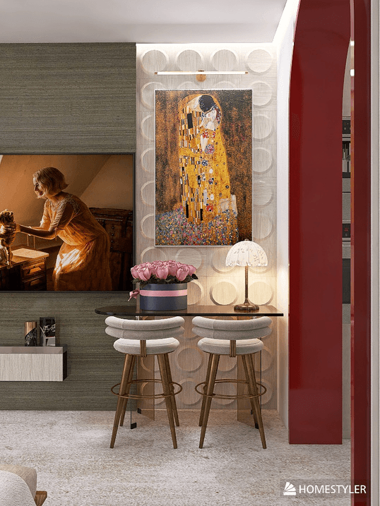 Dining bar counter with bouclé stools and feature artwork