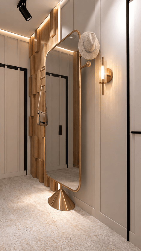 Foyer entryway with sculptural rotating mirror and fluted wood cladding