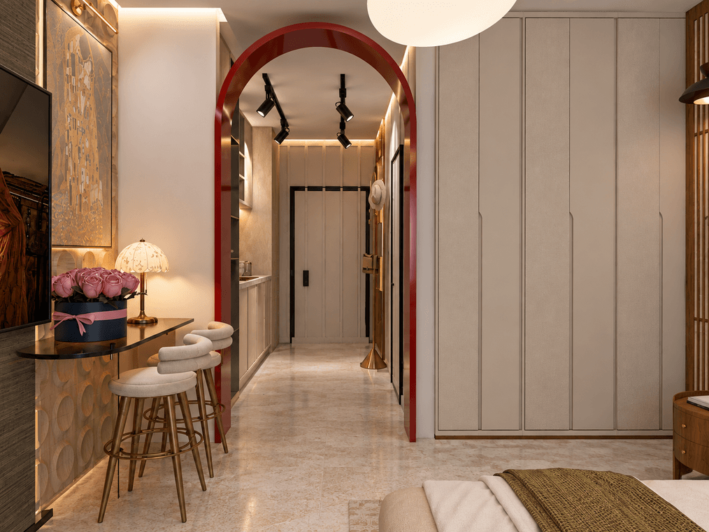 Signature lacquer red archway connecting entrance corridor and living area