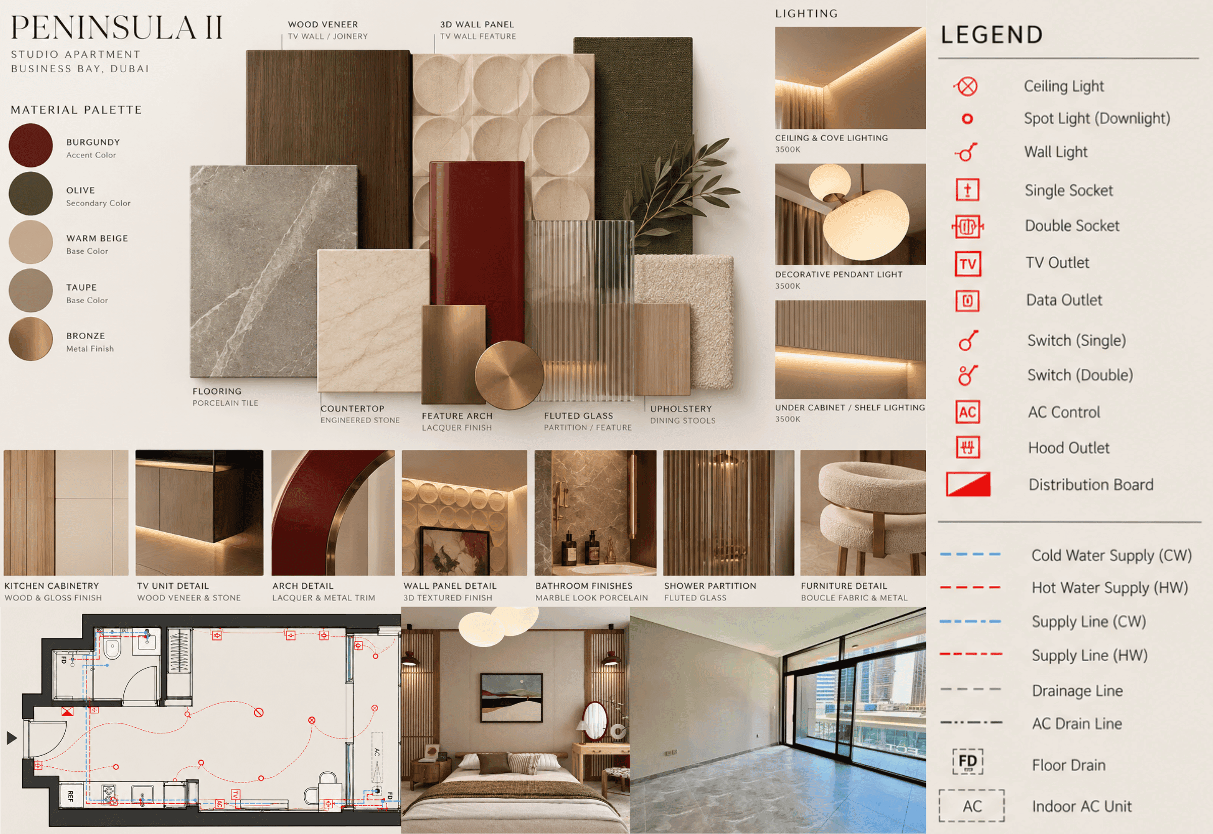 Material and finishes moodboard: burgundy lacquer, travertine, fluted glass, olive textile