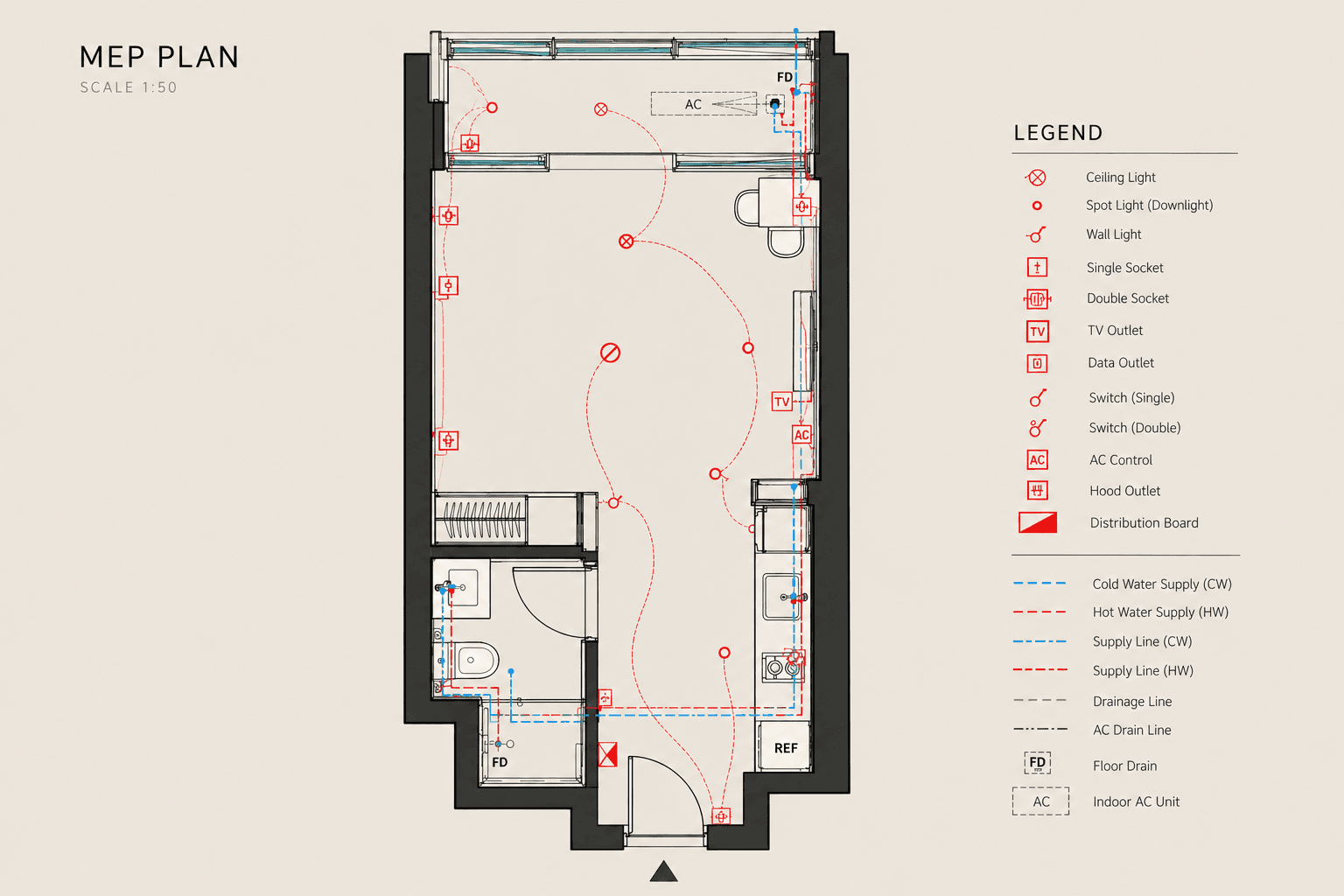 Proposed MEP and lighting layout plan, Scale 1:50