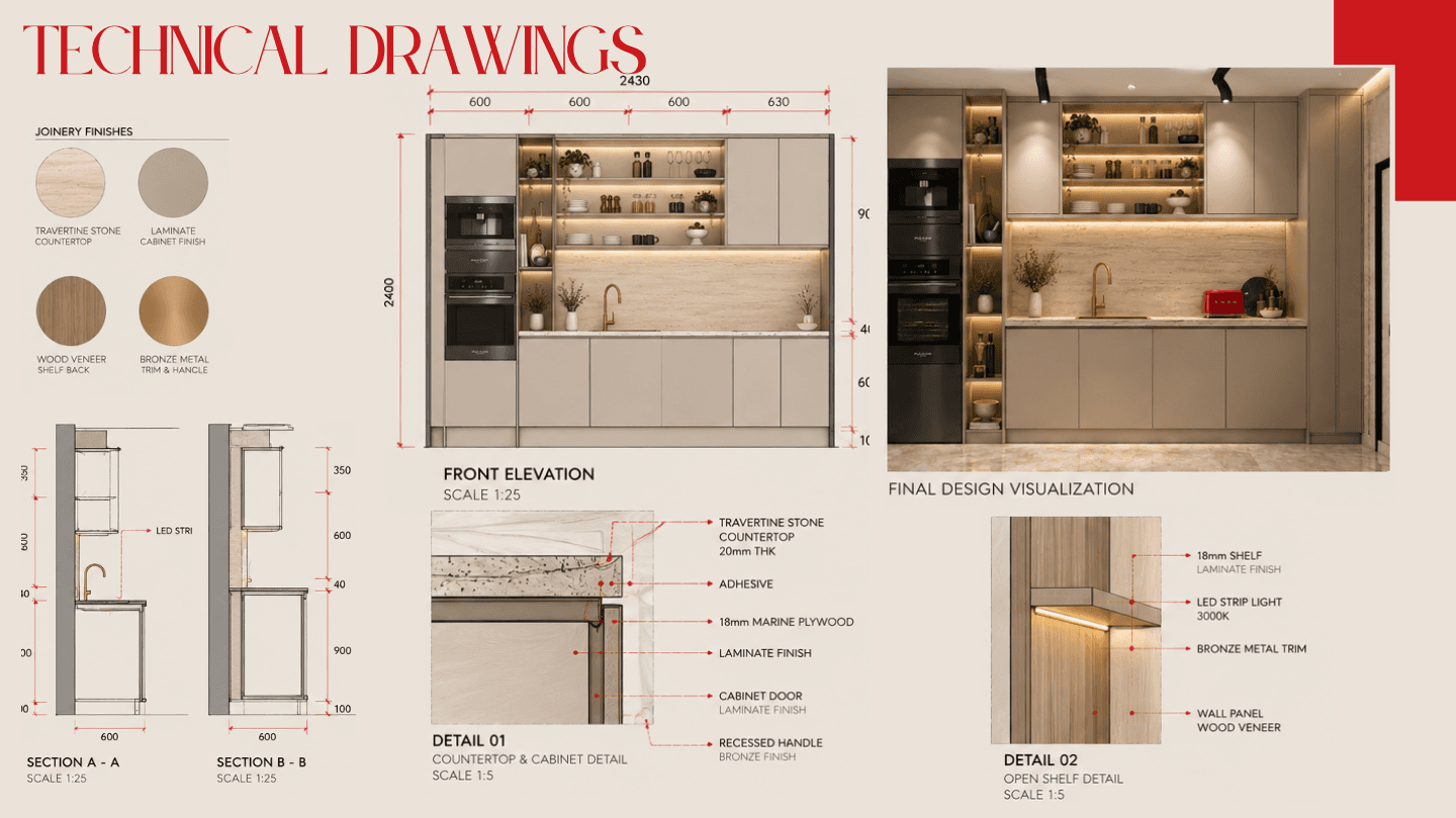 Technical joinery elevation, sections and architectural details
